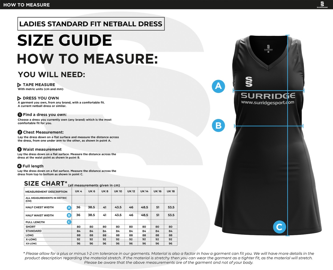 Netball - Dress : Bottle - Size Guide