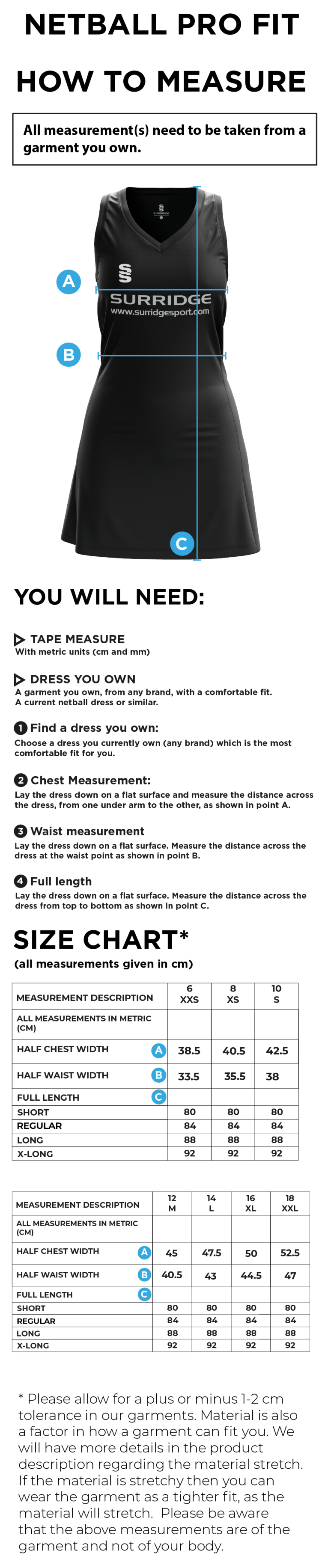 The Fallibroome Academy Netball Dress - Size Guide