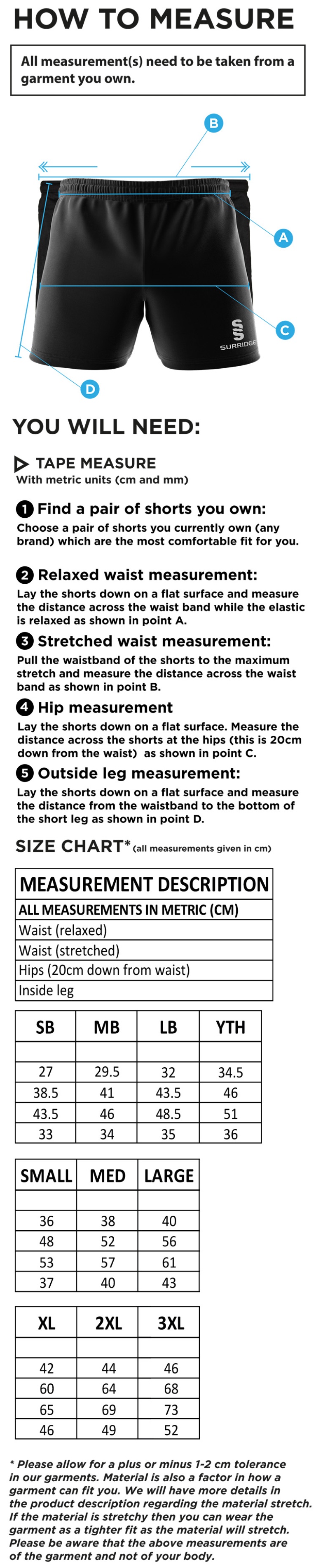 Staff Kit - Performance Gym Short : Black - Size Guide