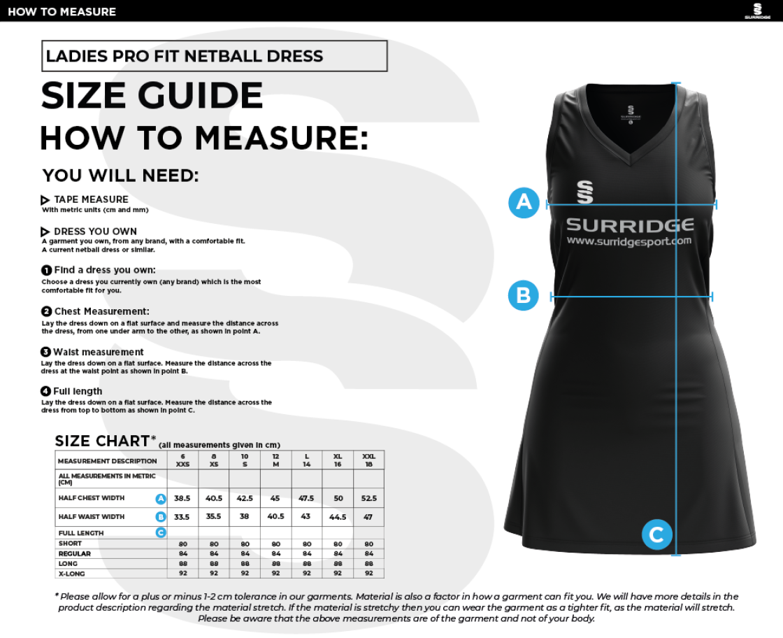 The Fallibroome Academy Netball Dress - Size Guide