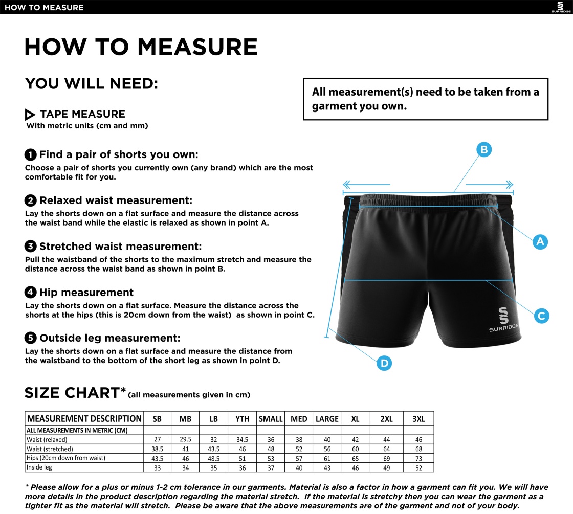 Staff Kit - Performance Gym Short : Black - Size Guide