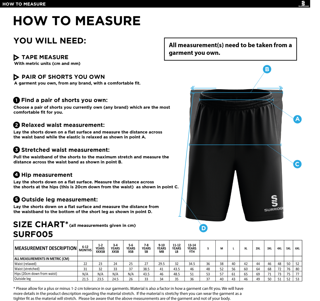Football - Match Short Black - Size Guide