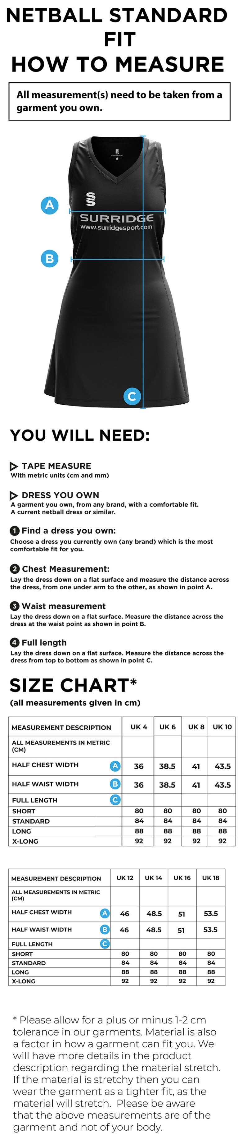 Netball - Dress : Bottle - Size Guide