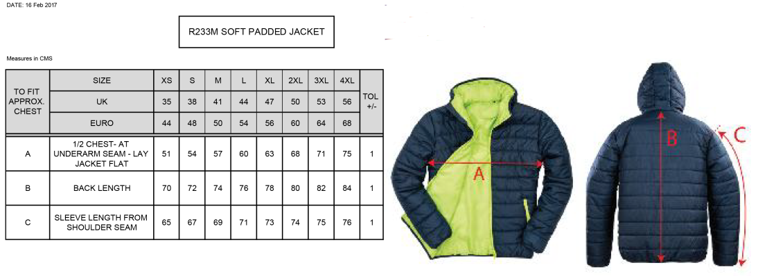Staff Kit - Supersoft Padded Jacket : Black - Size Guide